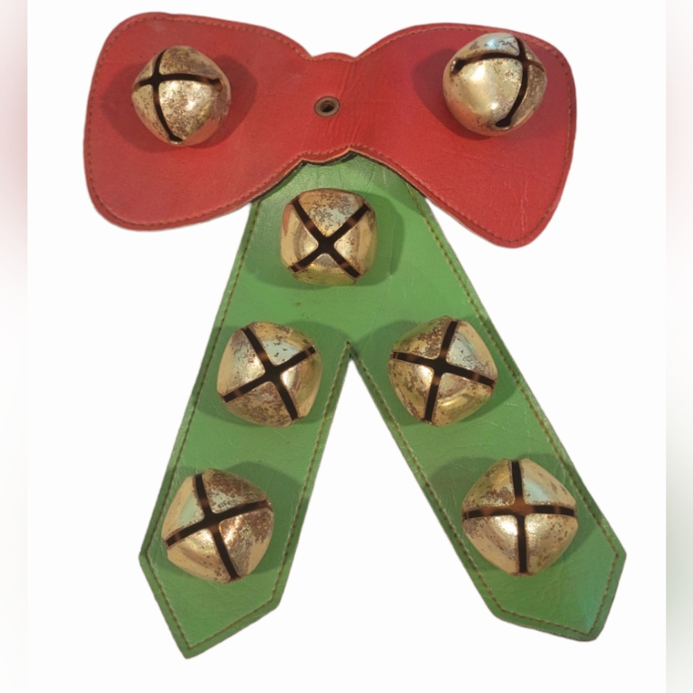 Vintage Christmas Bow Jingle Bells Door Hanger, GENUINE Leather. 1 IN BELLS 9"